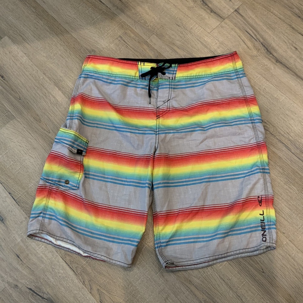 O'neill Mens Surfing Swim Water Board Shorts Rainbow Striped Pocket Size 34